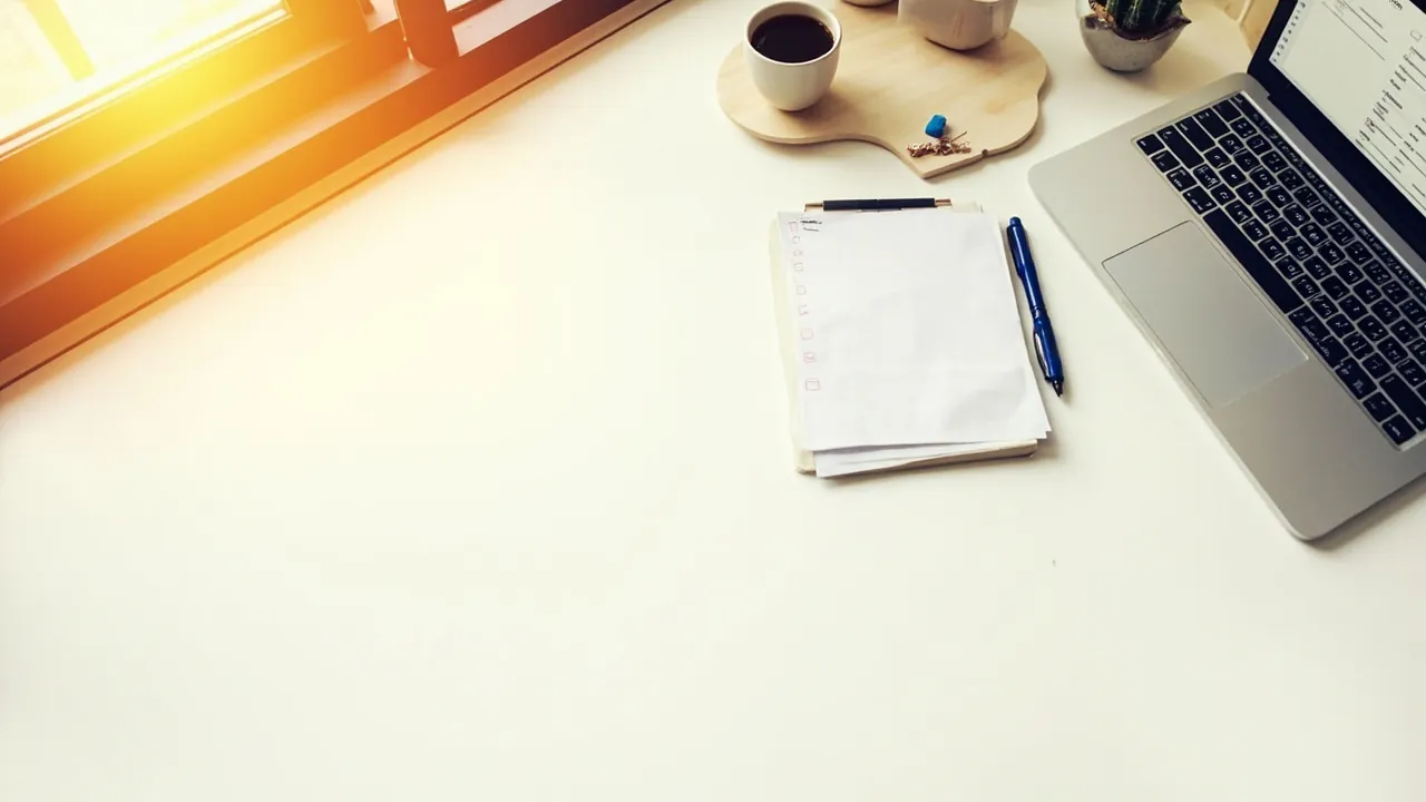 A bright organized desk with a checklist, pen, laptop and coffee mug on a white surface in warm sunlight