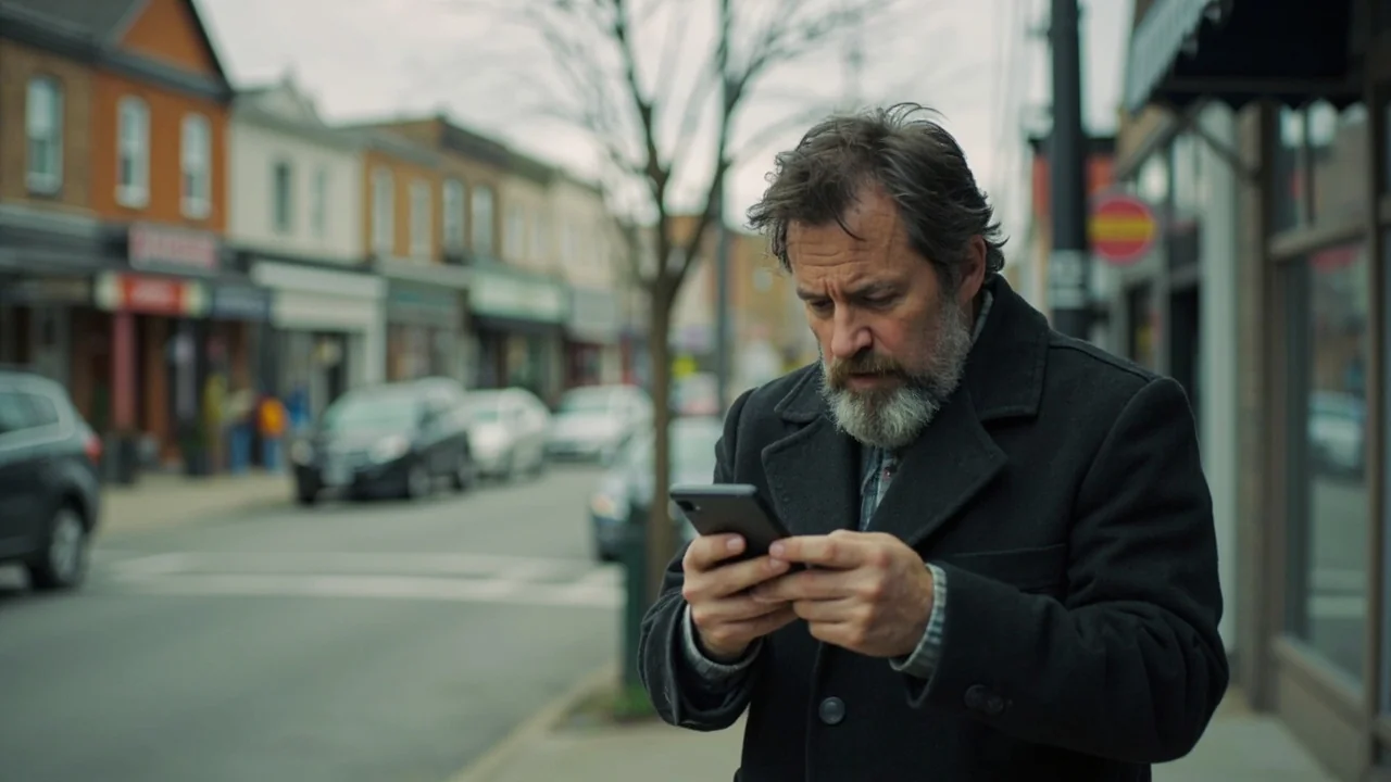 A frustrated Ottawa small business owner checking Google Maps on their phone outside a local shop in a quiet commercial strip in Kanata or Orleans, late afternoon overcast light