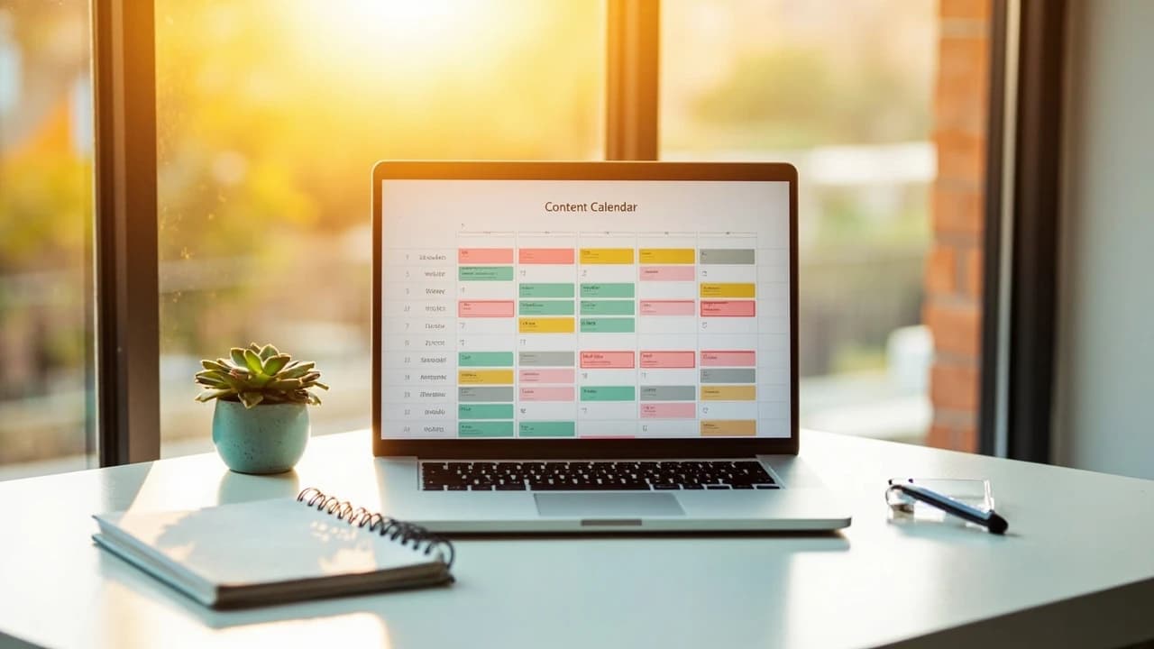 A laptop screen showing an organized content calendar on a bright white desk in warm golden morning light, with a notebook and pen beside it