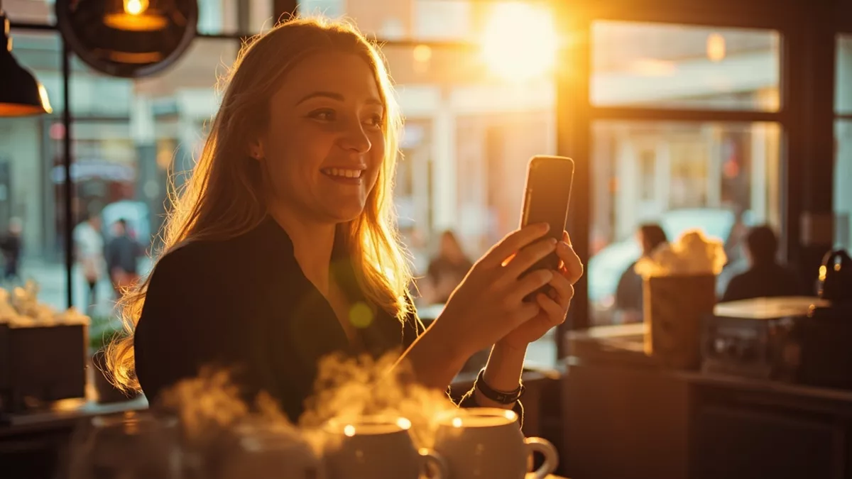 An Ottawa coffee shop owner filming a social media video with her phone in her bright café, warm golden morning light, genuine smile