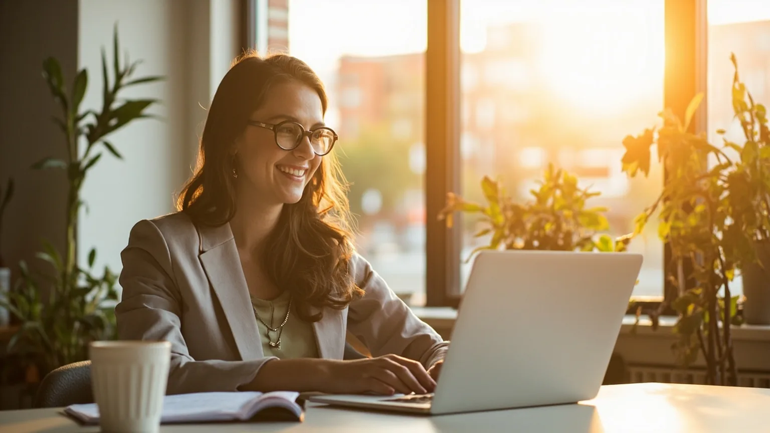 An Ottawa small business owner reviewing content creation costs on a laptop in a bright, warm office