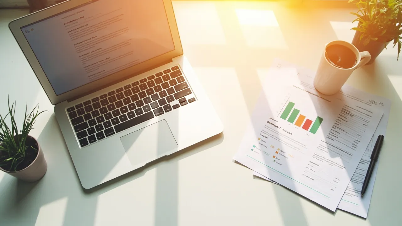 A bright sunlit desk with a laptop showing search results and printed marketing reports beside a coffee cup