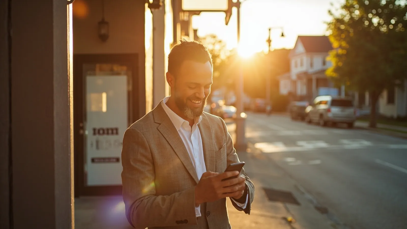 Confident Ottawa small business owner smiling at their phone outside their shop in a warm, sunlit suburban neighbourhood