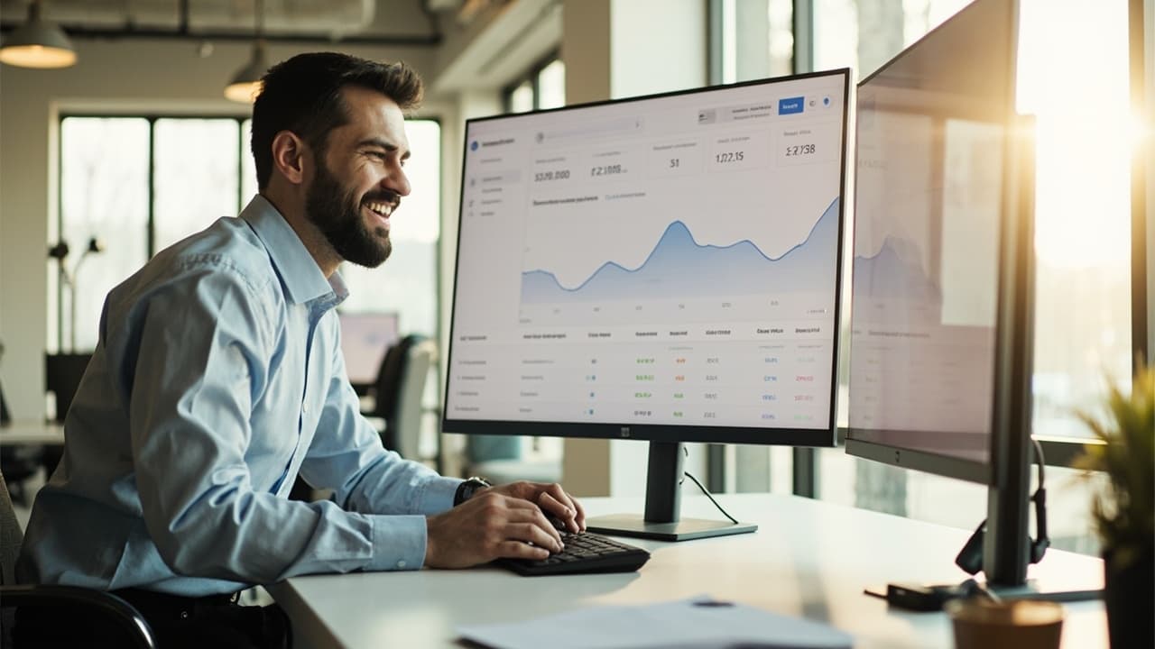 Confident Ottawa business owner reviewing bright, upward-trending Google Ads analytics dashboard in a sunlit modern office