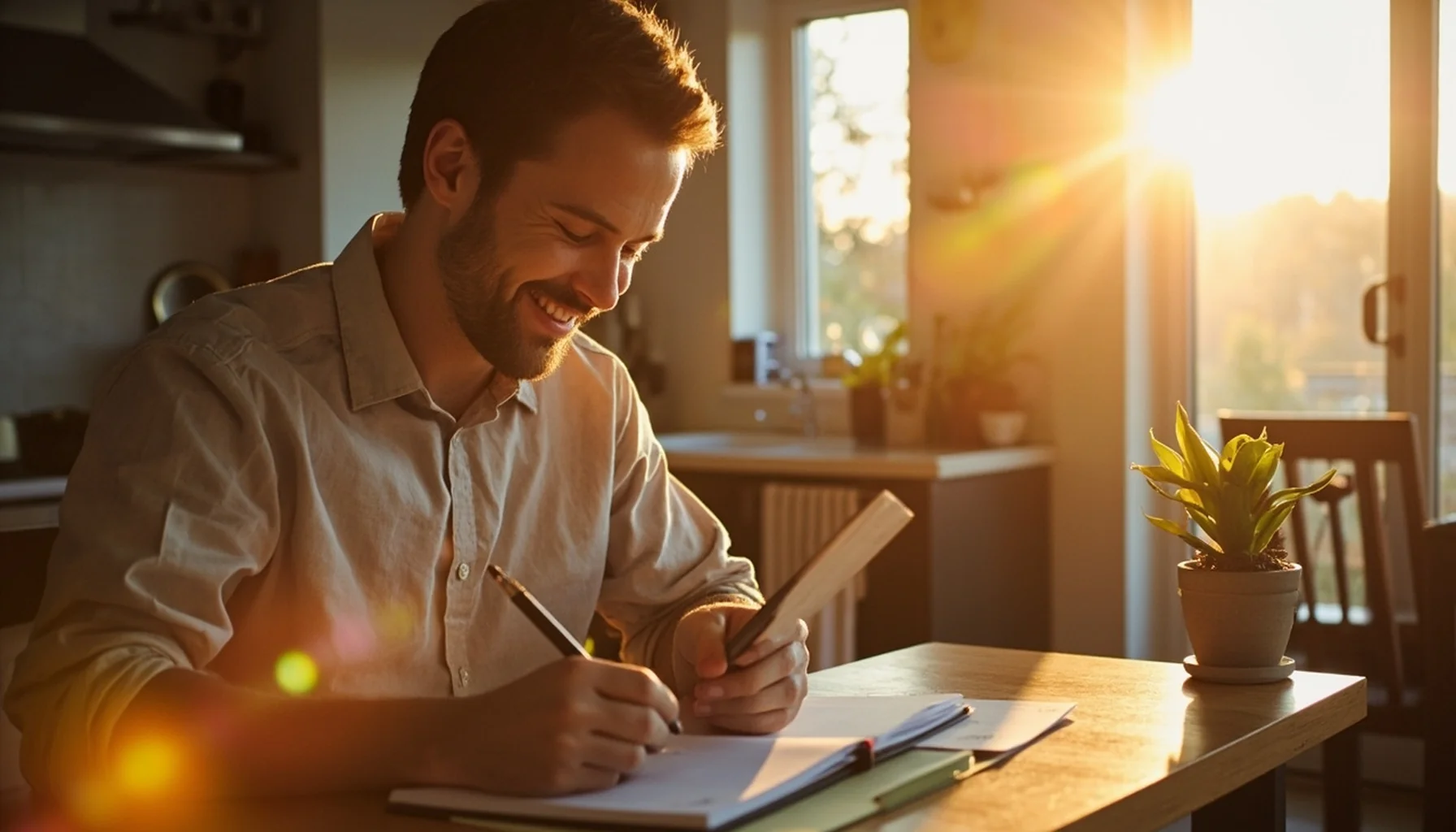Ottawa business owner reviewing a content planner notebook at a bright kitchen table with warm golden light, relaxed confident smile