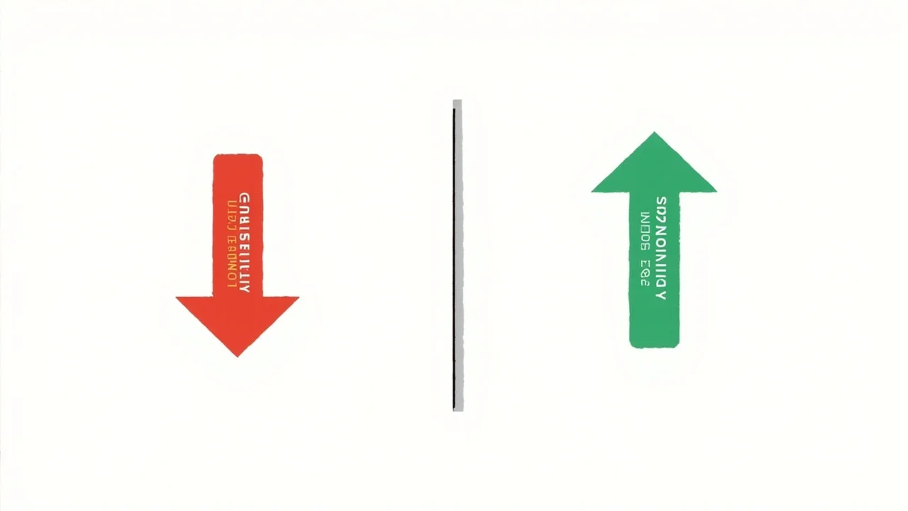 Bold graphic illustration showing red downward arrow on left and green upward arrow on right representing competitor cuts versus opportunity, clean white background, modern infographic style