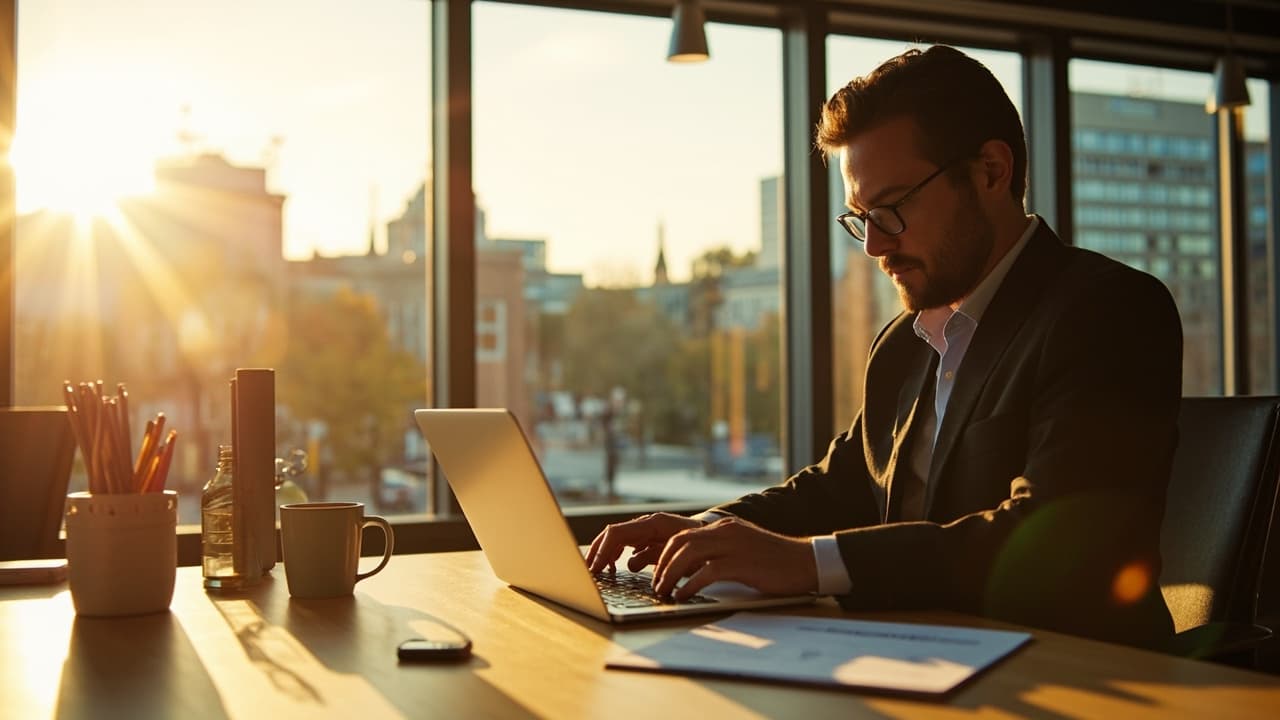 A business professional at a bright organized desk in Ottawa with warm golden hour sunlight, working on a laptop with the Ottawa cityscape visible through the window