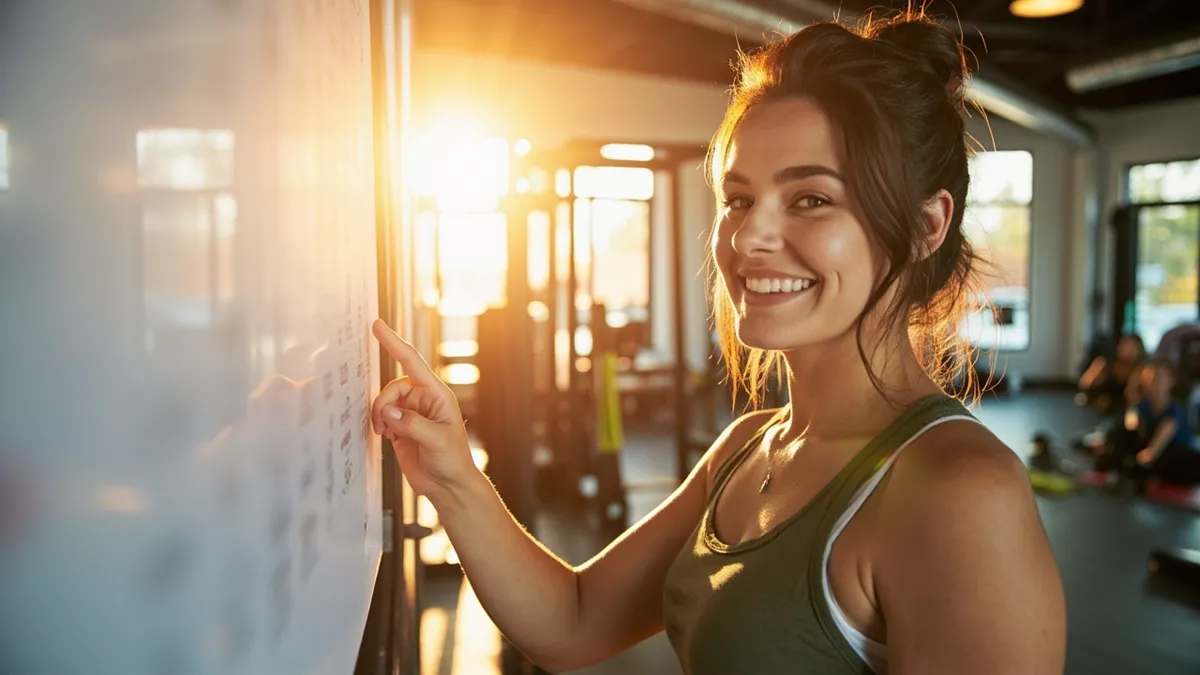 An Ottawa fitness studio owner reviewing a content calendar on a whiteboard in her bright sunny gym