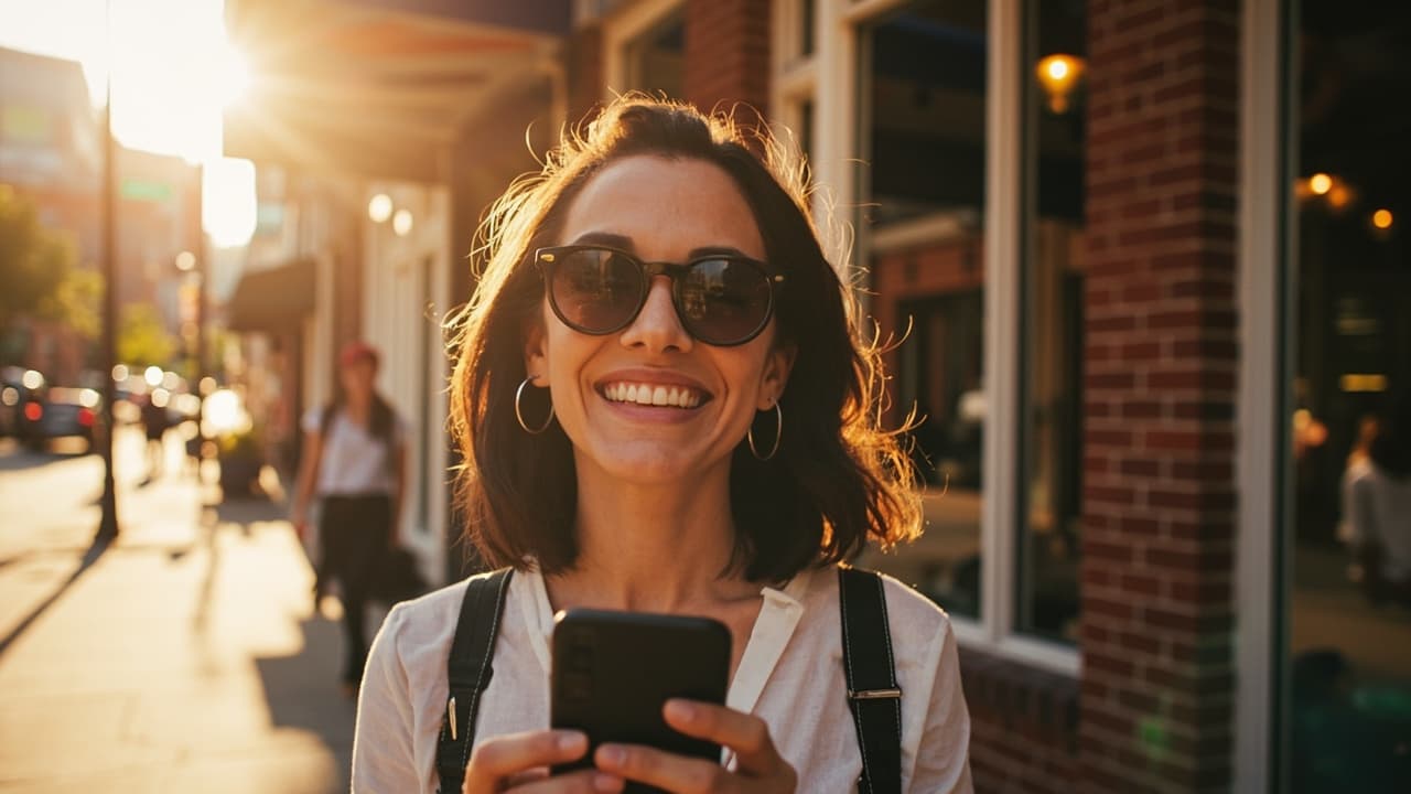 A friendly Ottawa small business owner smiling at her phone outside her bright cafe on a warm sunny day in ByWard Market, showing strong social media engagement