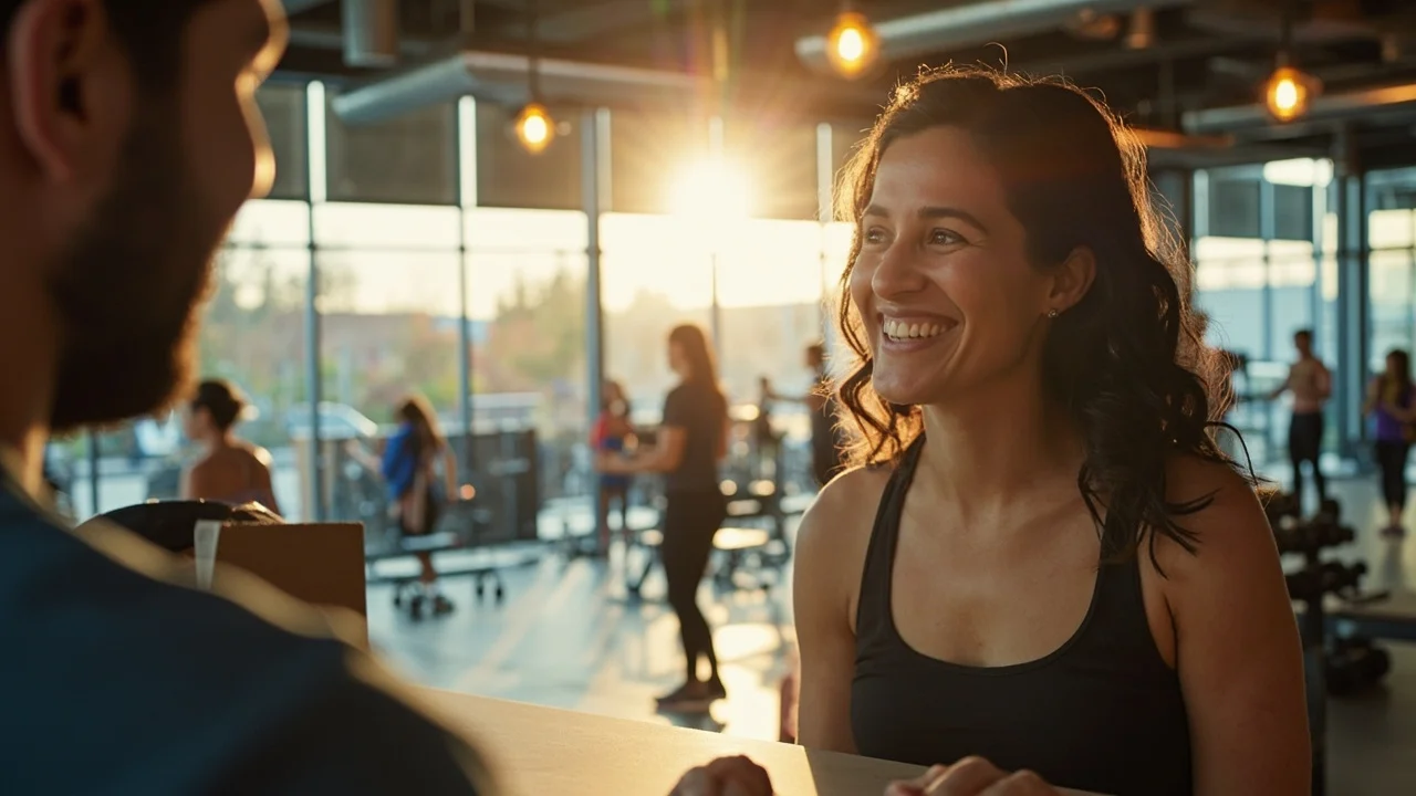 A bright Ottawa fitness studio interior with natural light streaming through large windows, a friendly gym owner smiling confidently at the front desk, members exercising in the background