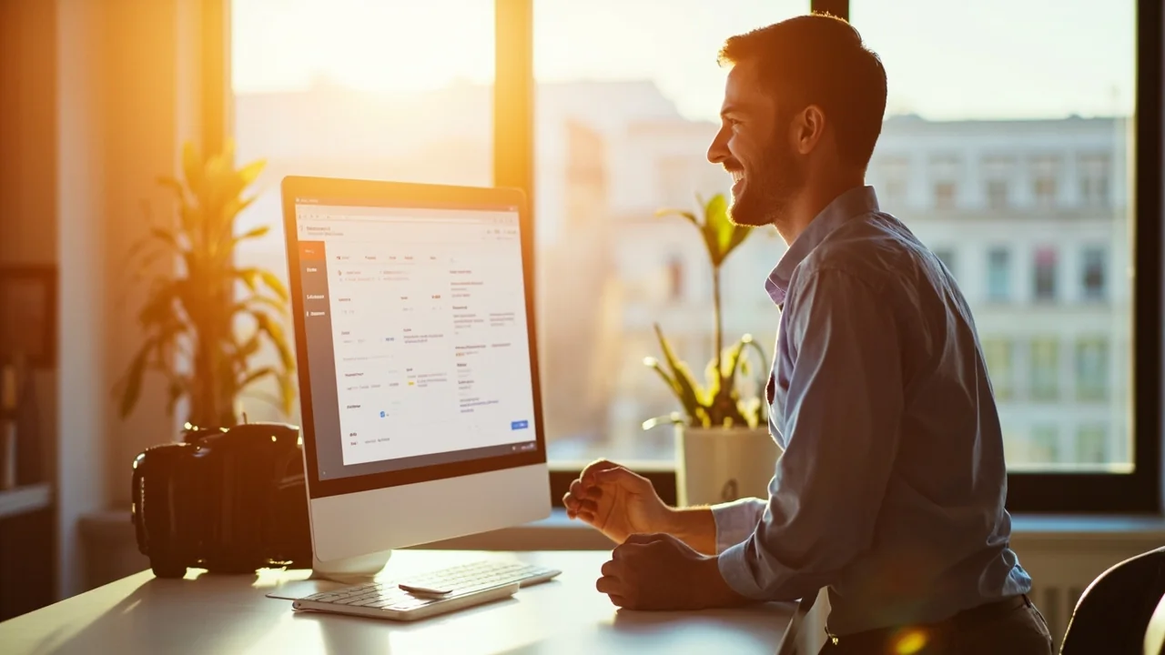 A confident Ottawa small business owner reviewing a Google Business Profile dashboard on a monitor in a bright warm modern office