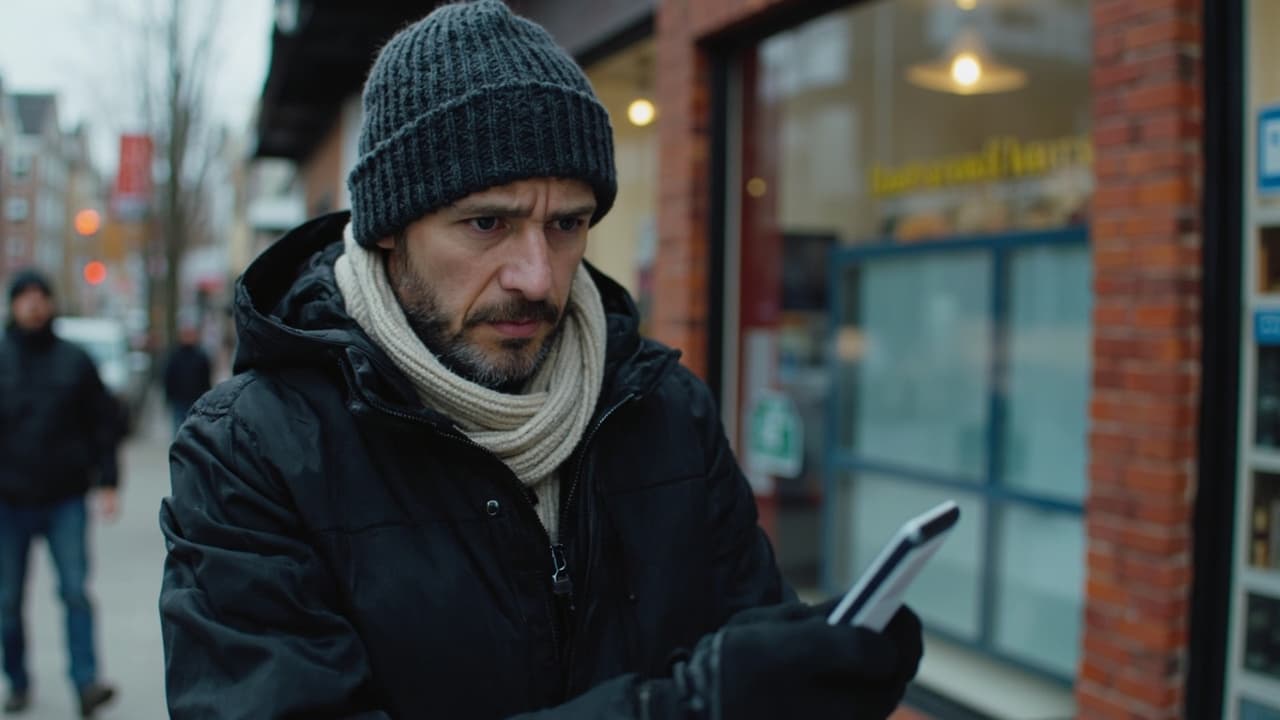 A frustrated Ottawa small business owner checking Google Maps on their phone outside their storefront, annoyed at not showing up in search results.