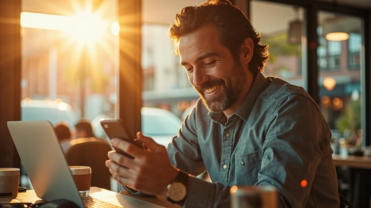A confident Ottawa small business owner reviewing their Google Maps listing on a smartphone in a bright sunlit coffee shop
