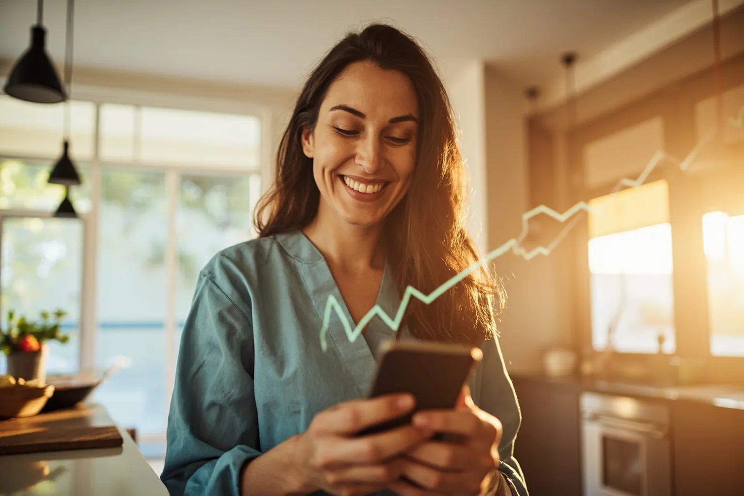 Confident smiling Ottawa businesswoman holding a smartphone showing a growing chart in her bright kitchen with warm golden sunlight