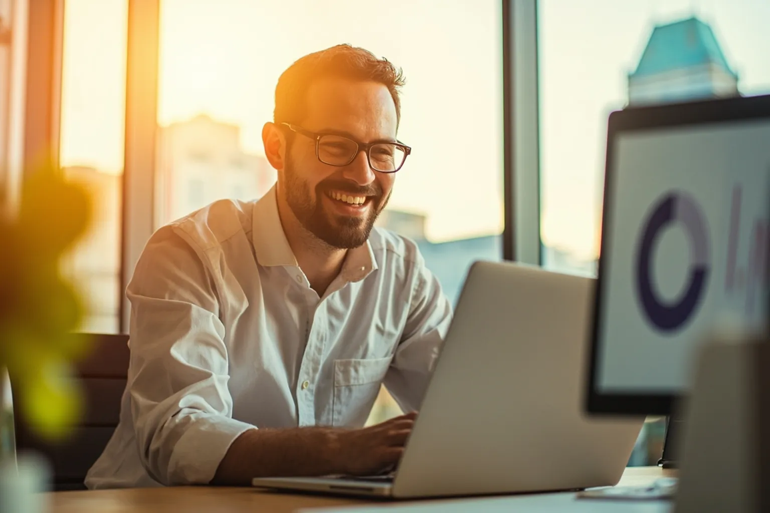 Smiling Ottawa business owner reviewing positive analytics data on laptop in a bright sunlit office with warm golden light
