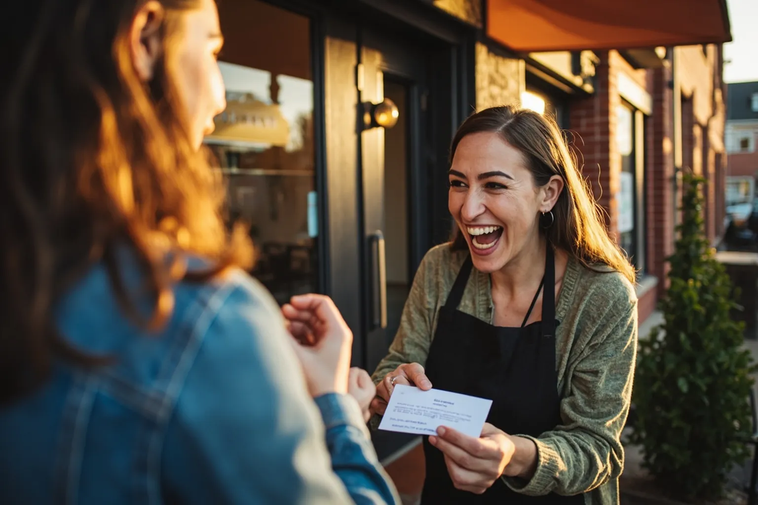 Warm golden hour photo of a smiling Ottawa business owner handing a review card to a happy satisfied customer outside a charming brick storefront
