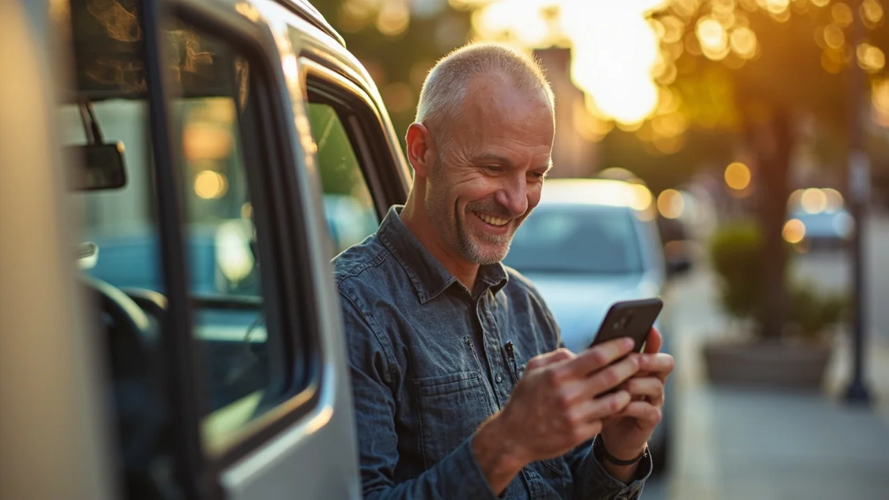 A smiling Ottawa service business owner reviewing their Google reviews on a smartphone outside their professional van on a sunny day