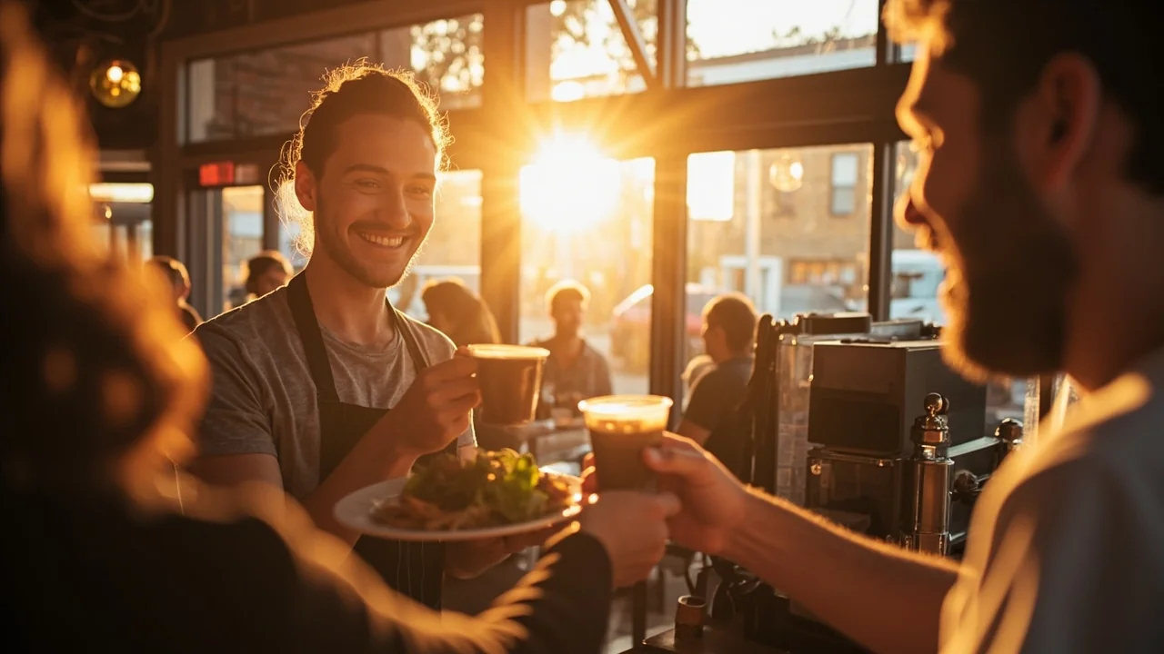 A happy Ottawa barista handing a coffee to a delighted customer with a big genuine smile in a bright cafe bathed in warm golden morning light