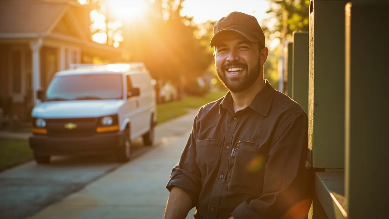 An Ottawa HVAC technician smiling confidently at a residential doorstep on a warm summer day, with a utility van parked in a bright leafy driveway