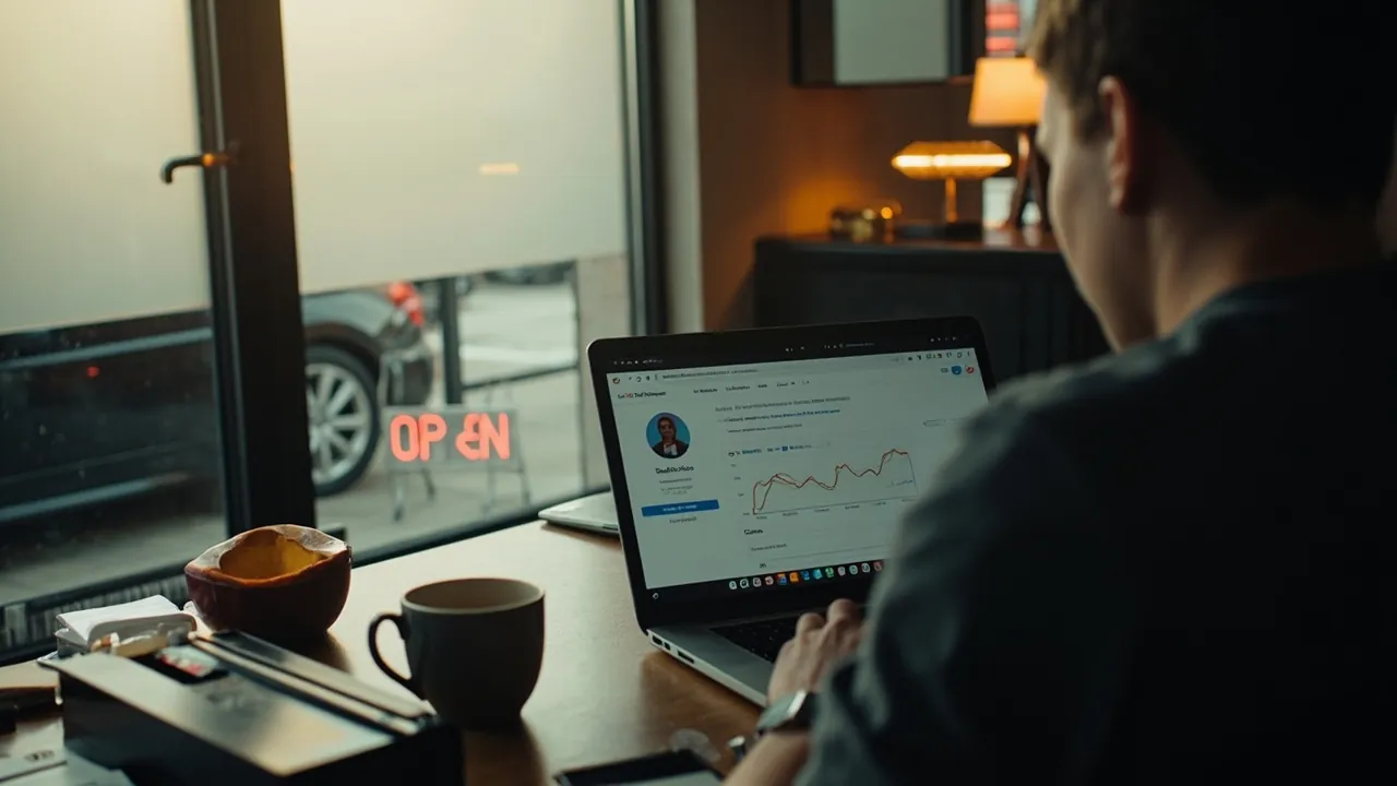 A small business owner in Ottawa reviewing Google analytics on a laptop at their cluttered desk with morning window light