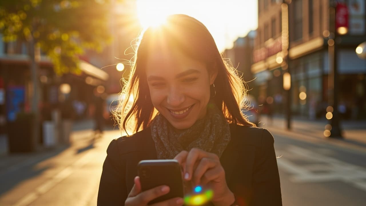 A confident Ottawa small business owner smiling at her phone on a warm sunny ByWard Market street, golden summer light, checking Google Maps with a hopeful expression