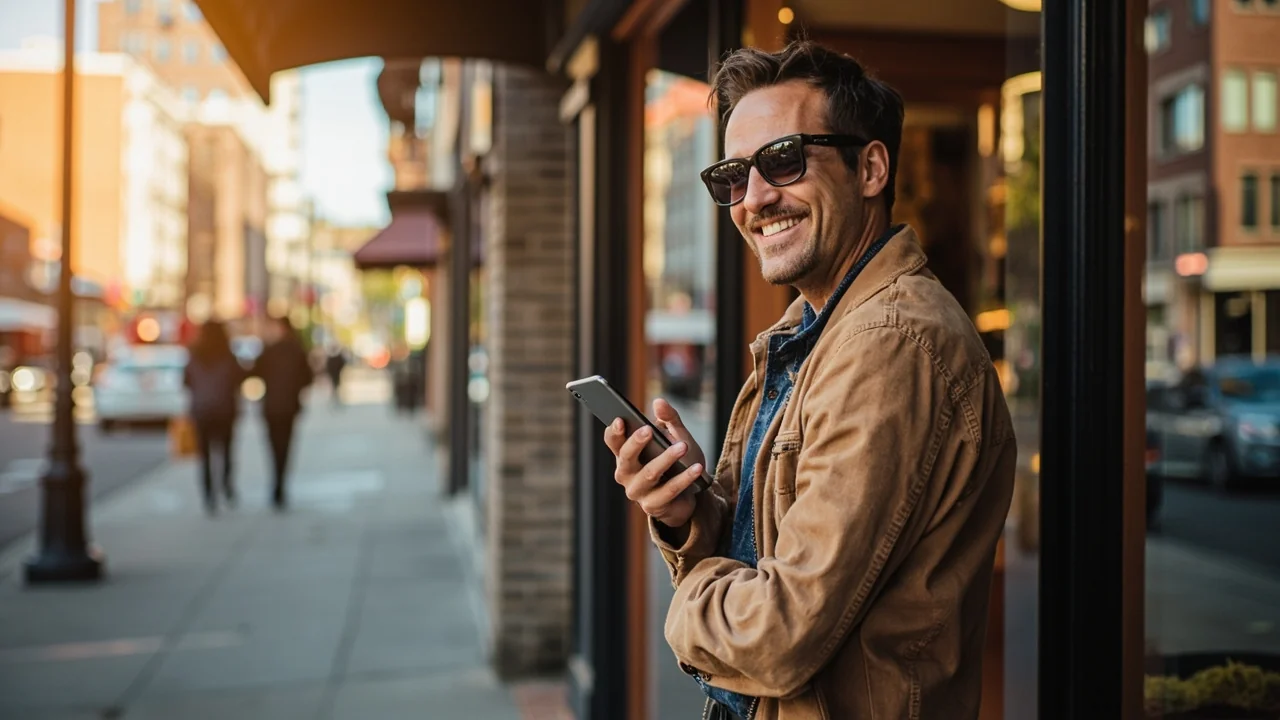 A confident Ottawa small business owner smiling while checking their Google Business Profile outside their bright, welcoming storefront on a warm sunny day
