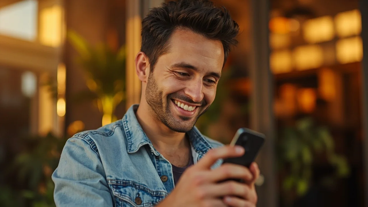 Confident Ottawa small business owner smiling at their phone showing five-star Google reviews, warm golden light