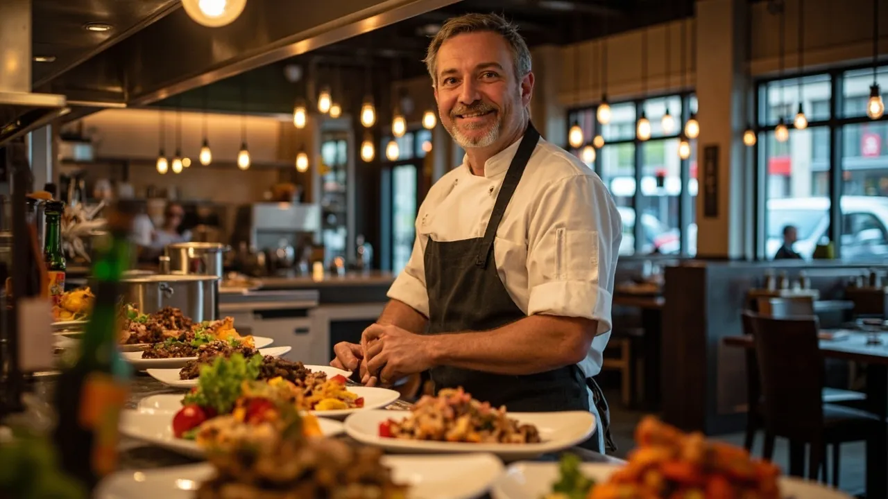 A confident Ottawa restaurant chef standing proudly in their vibrant, warmly-lit restaurant kitchen with plates of delicious food ready to serve, bright welcoming atmosphere, bustling dining room in background