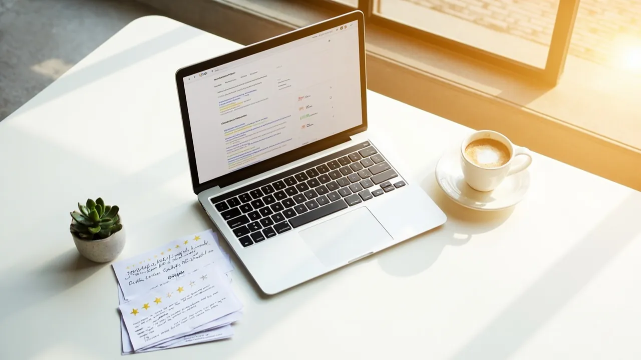 A laptop showing Google search results with star ratings beside printed review cards and a coffee on a bright white desk