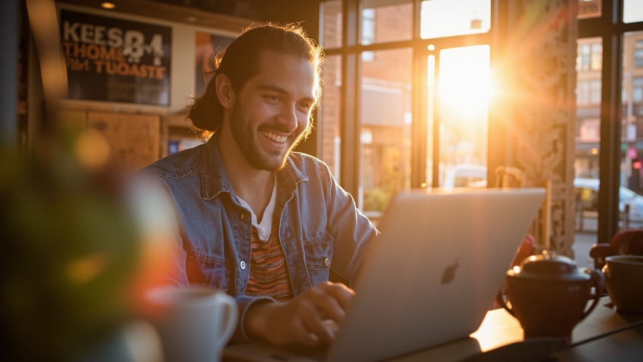 A happy Ottawa small business owner smiling at their phone showing a glowing Google review in their bright, welcoming shop with warm golden morning light
