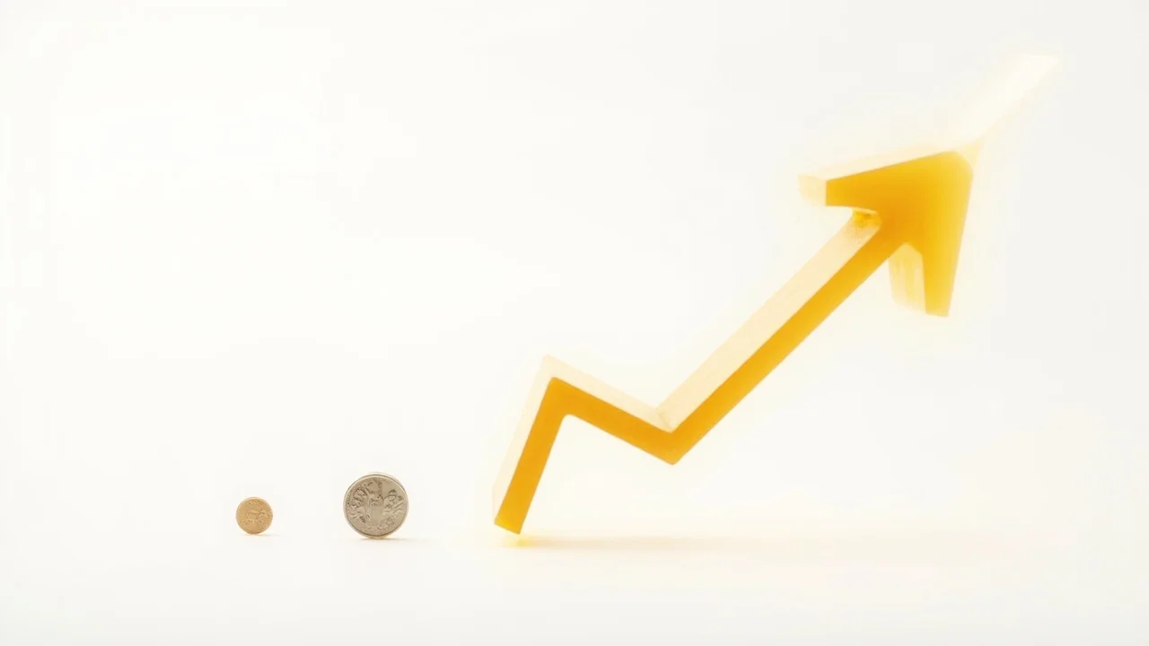 A tiny Canadian quarter beside a glowing golden upward arrow chart on white, representing small business growth potential in Ottawa