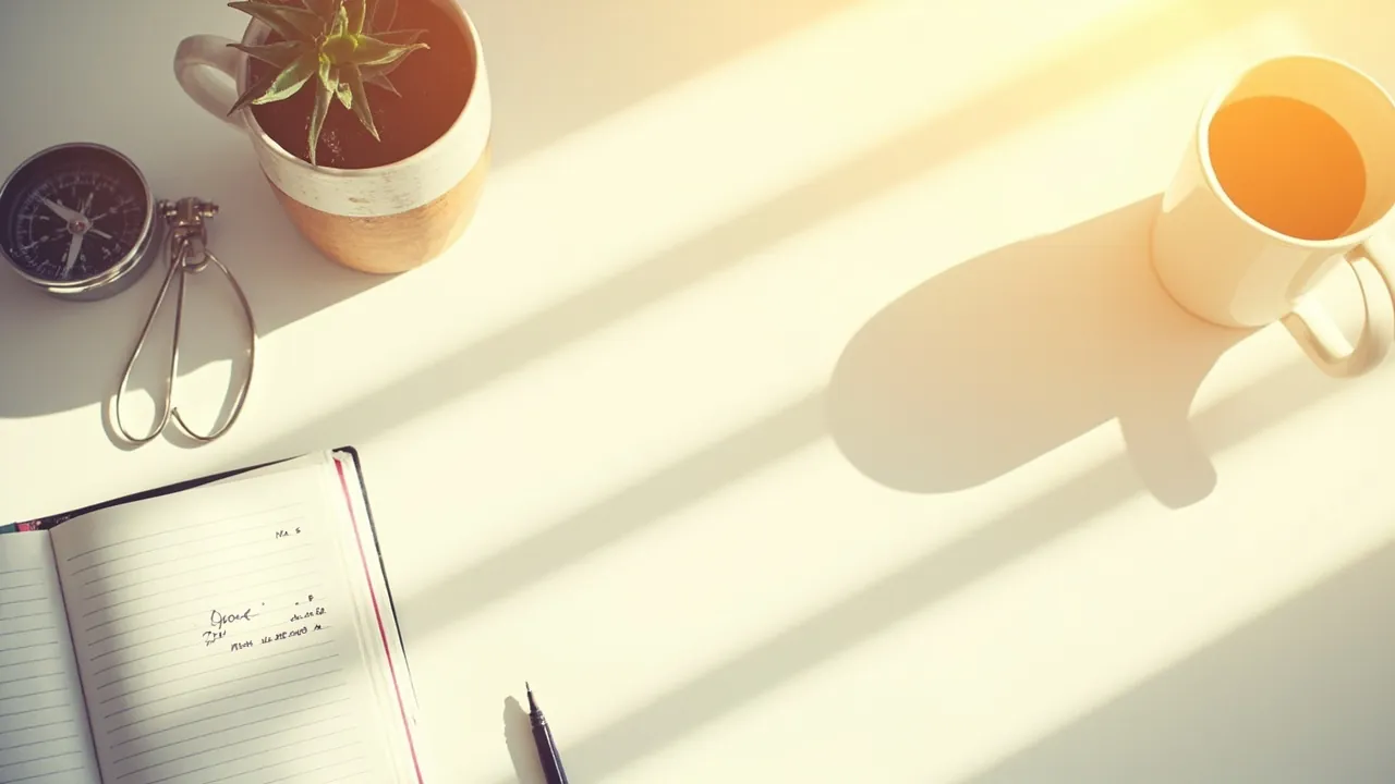 A bright sunlit desk with a compass, notebook with goal list, succulent and coffee mug on a white surface