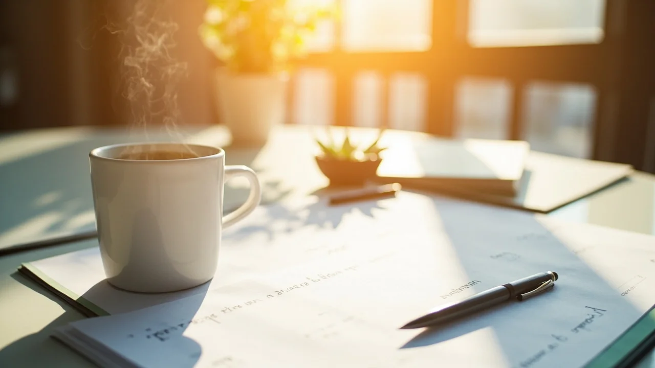 Clean minimal desk workspace with a printed checklist, ceramic coffee mug with steam, pen and papers in warm morning sunlight, no people visible