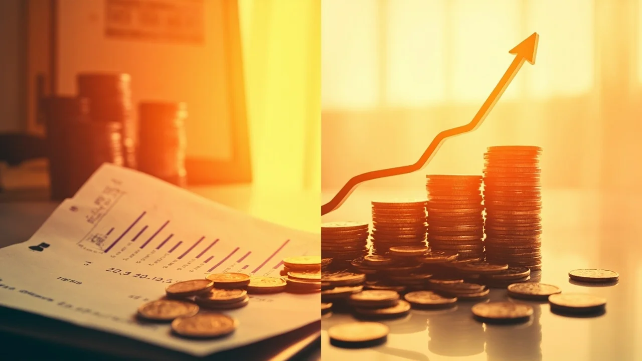 Split-concept illustration showing Ottawa small business budget contrast: financial charts and coins on the left, growing coin stacks with upward arrow on the right, warm golden lighting