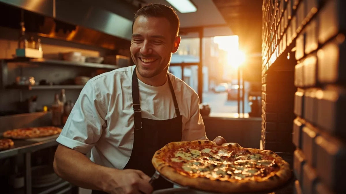An Ottawa pizza shop owner pulling a fresh pizza out of a brick oven in his bright restaurant kitchen, warm golden hour light, genuine happy smile