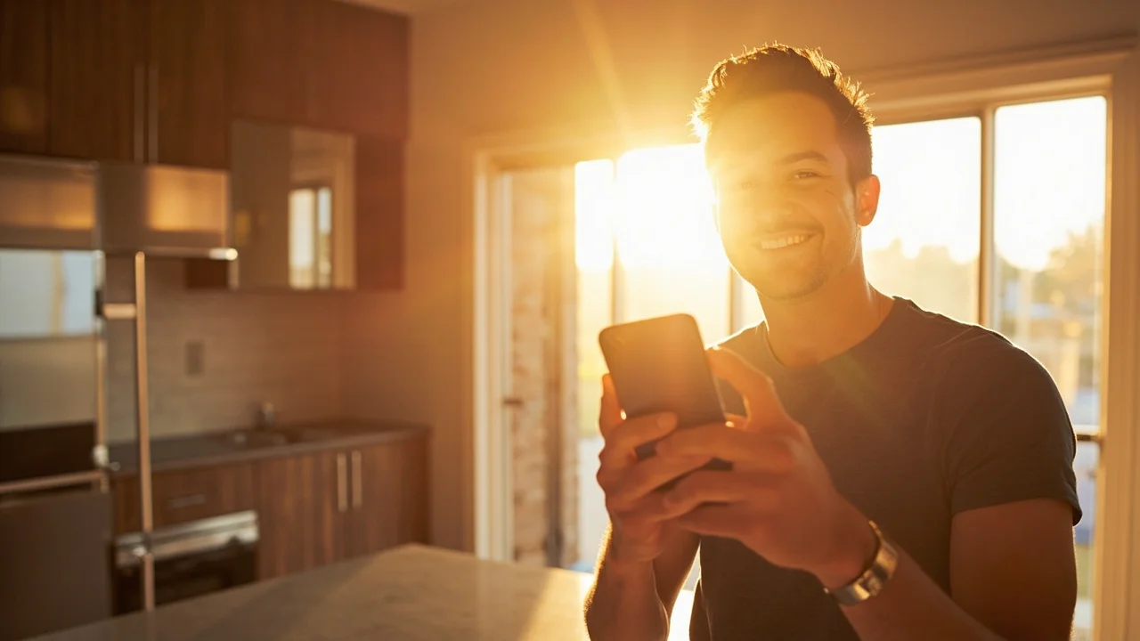 Smiling Ottawa contractor showing a kitchen renovation on his phone in warm golden afternoon light