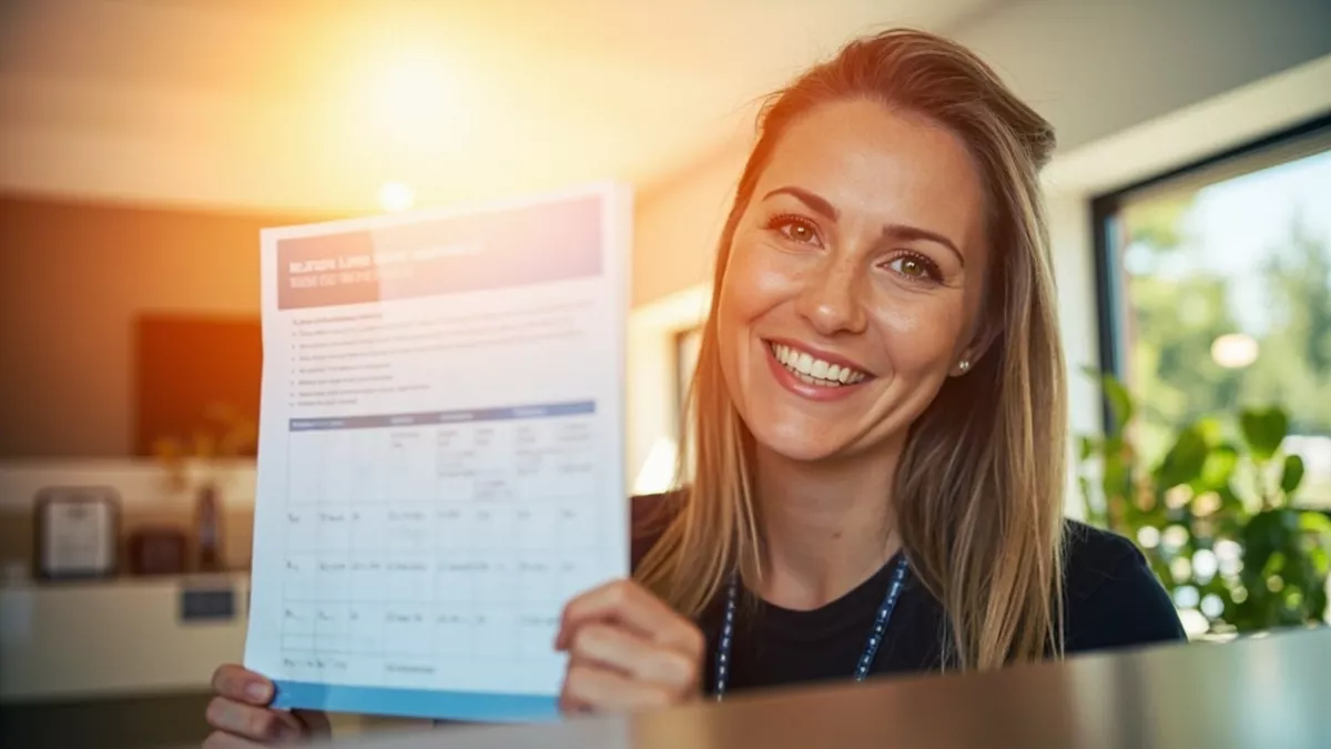 A smiling Ottawa dental hygienist at her bright clinic reception desk holding a posted content calendar printout, warm golden morning light