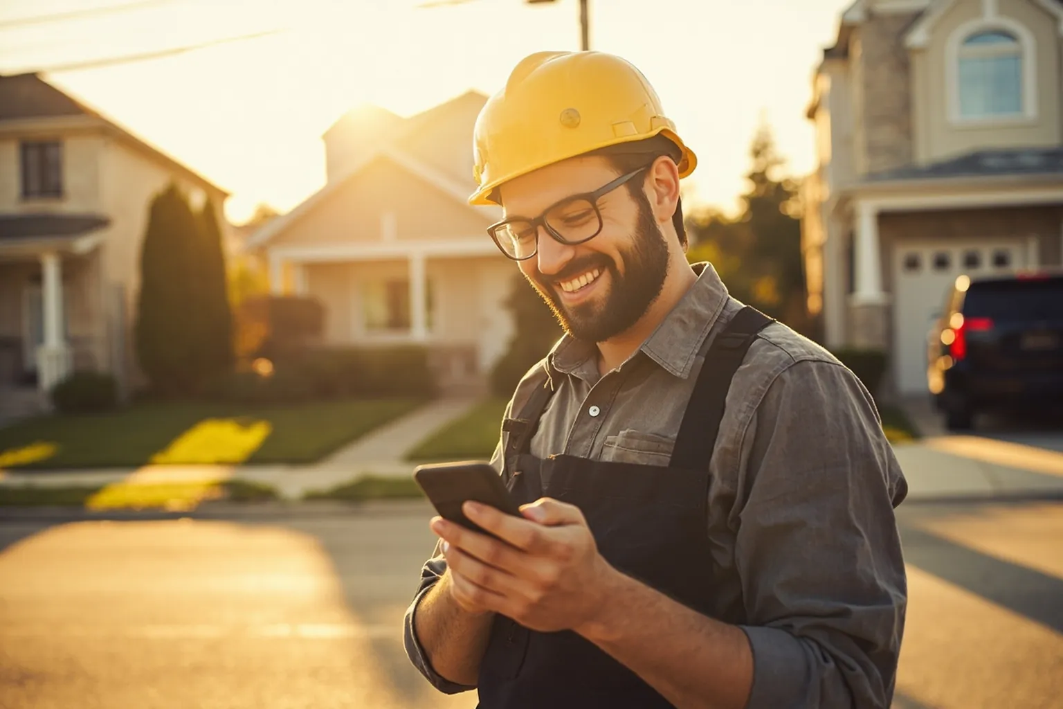 Confident Ottawa tradesperson checking his phone with a warm smile on a sunny residential street in Kanata