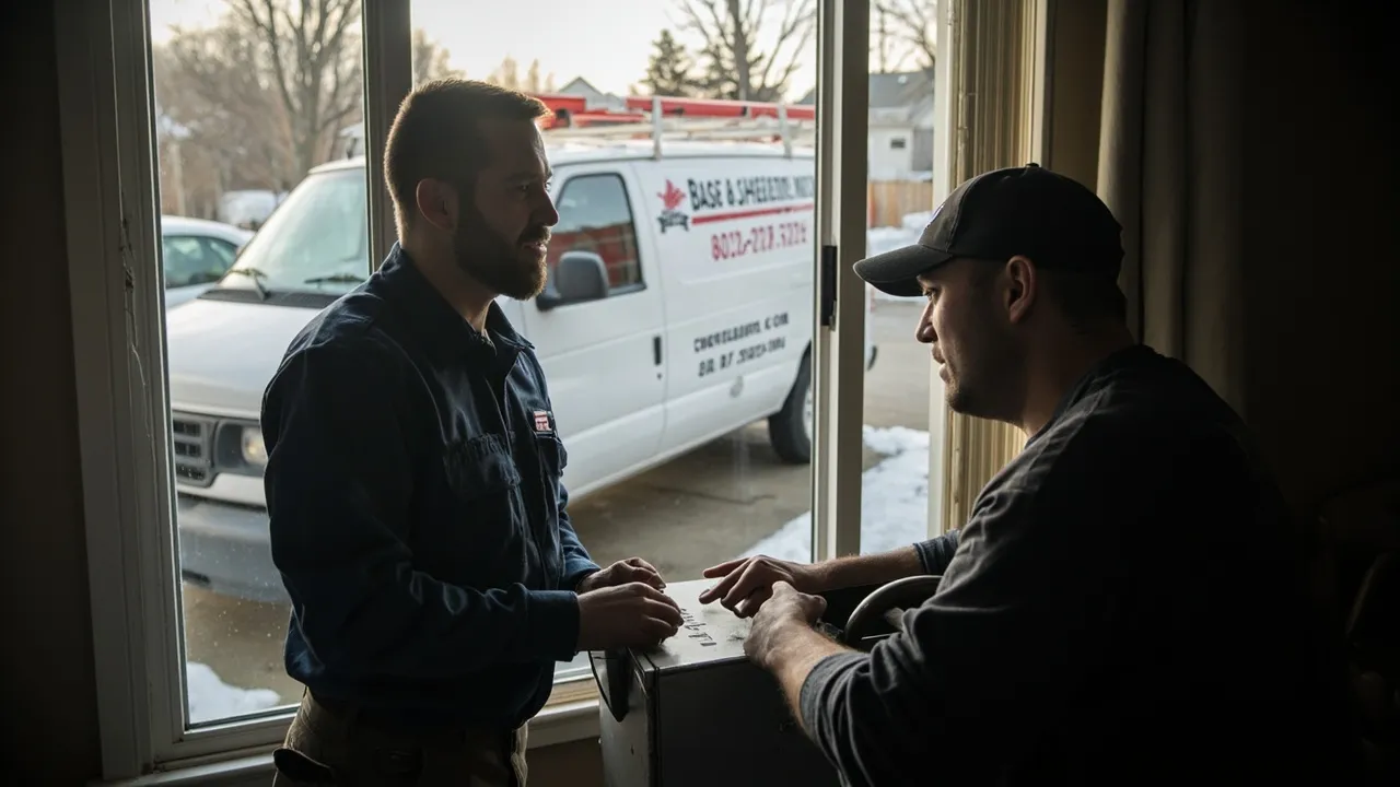 An HVAC technician in a Kanata home working on a furnace, branded service van parked in the driveway outside, winter morning light.