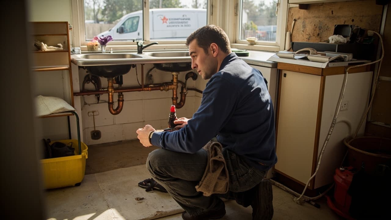 A licensed plumber working under a kitchen sink in a Kanata home, with his service van visible through the window