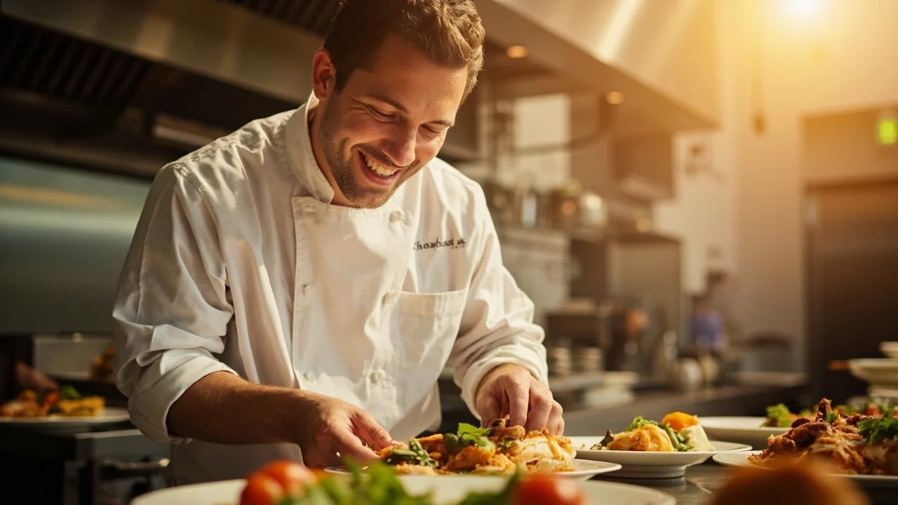 Ottawa restaurant chef smiling at the camera while plating food in his bright warm kitchen, warm golden light