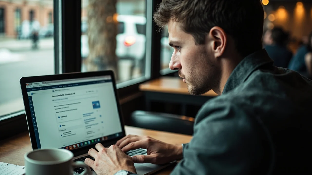 A professional working at a laptop in an Ottawa coffee shop, reviewing website analytics data on screen