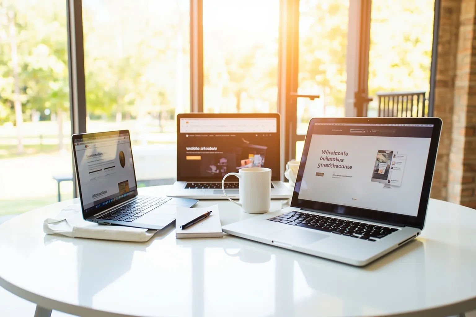 Bright editorial flat-lay of three laptops showing website builder interfaces on a clean white desk with warm afternoon sunlight and coffee mug