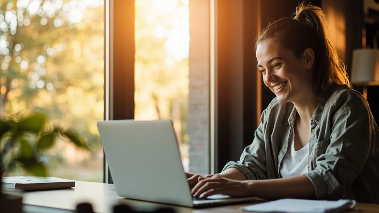 An Ottawa small business owner happily looking at her laptop screen showing new customer inquiries and a full inbox, in a bright sunny office with warm golden natural light