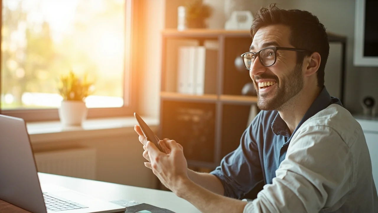 An Ottawa business owner looking satisfied and surprised reviewing website analytics on a laptop in a bright warm home office