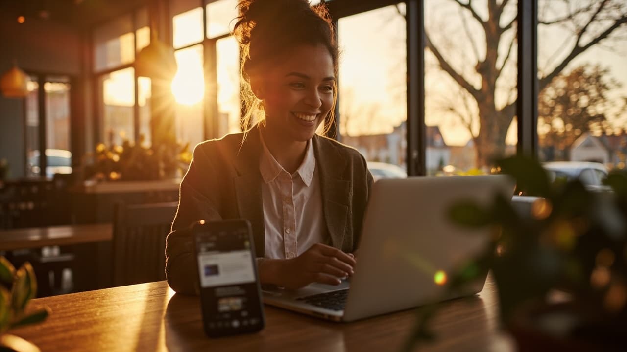 An Ottawa small business owner happily working at a bright Glebe coffee shop, smiling at her laptop screen showing a new customer inquiry, bathed in warm golden natural light