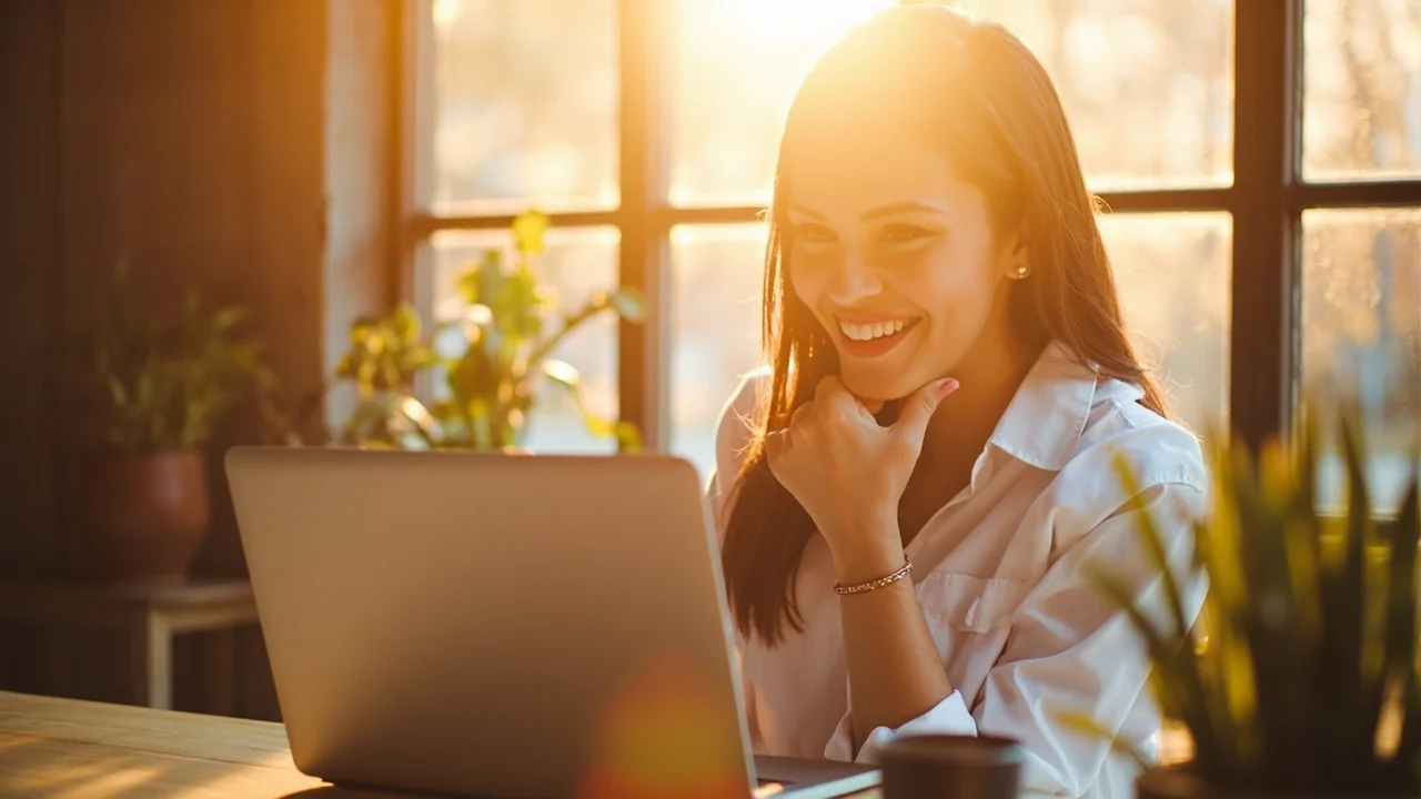 Ottawa small business owner smiling confidently while reviewing her website on a laptop in warm golden sunshine